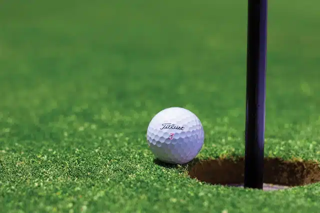 golf ball on a green near the whole