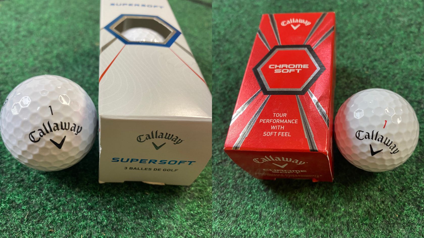 supersoft vs chrome soft close up golf ball and their box photos taken by Brendon Elliott