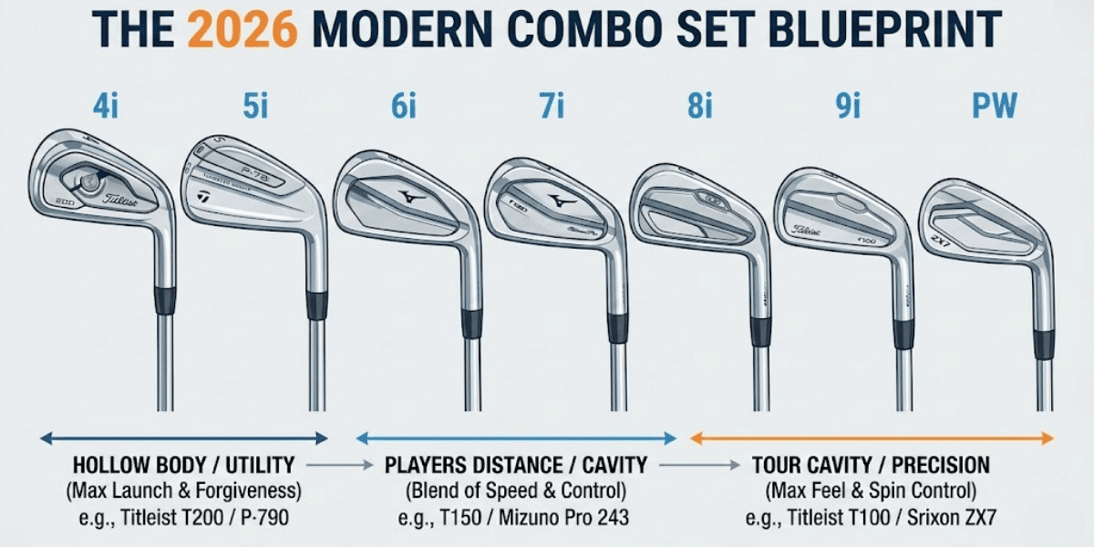 A full 7-club iron set (4-iron through Pitching Wedge) laid out in a line showing the shape of the club heads.