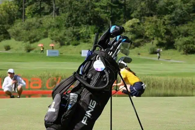 Golf clubs on stand on green