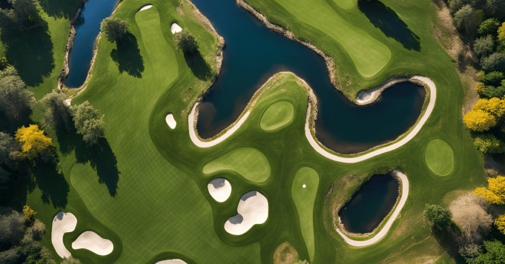 An overhead view of a golf course design concept with multiple green options, water hazards, and sand traps. Image by Golfspan.