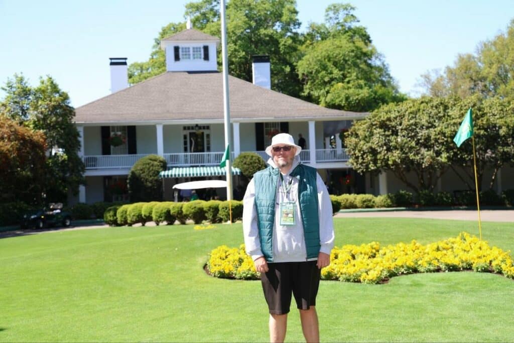 Masters 2024 Brendon Elliott in front of clubhouse