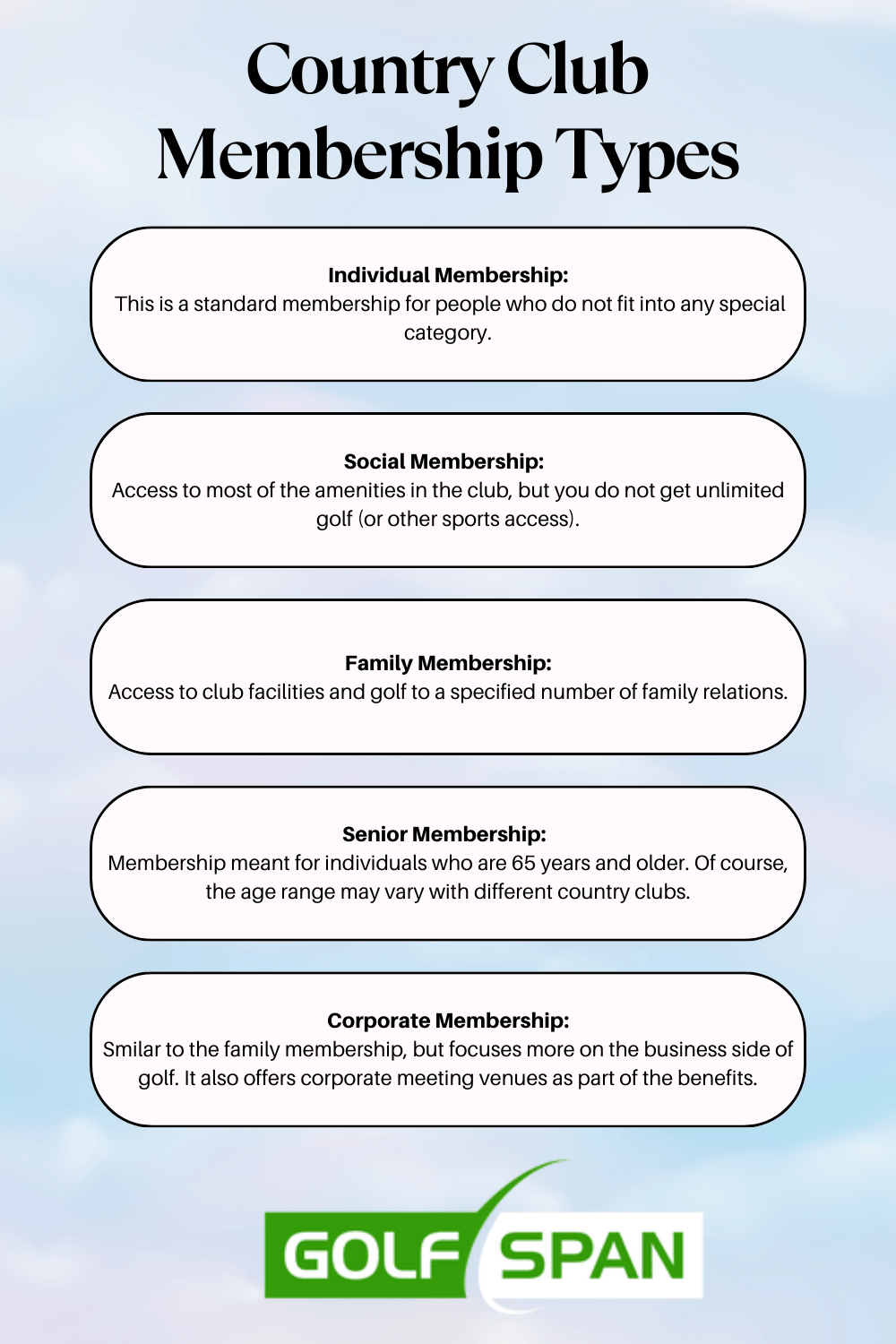 There are several types of country club memberships. These include individual, social, senior, and corporate.