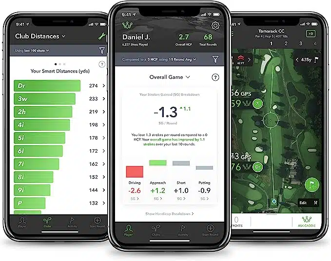 arccos smart caddie review view of the app on 3 phones