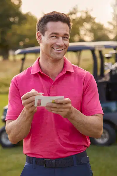 Portrait Of Smiling Male Golfer Standing By Buggy On Golf Course With Score Card
