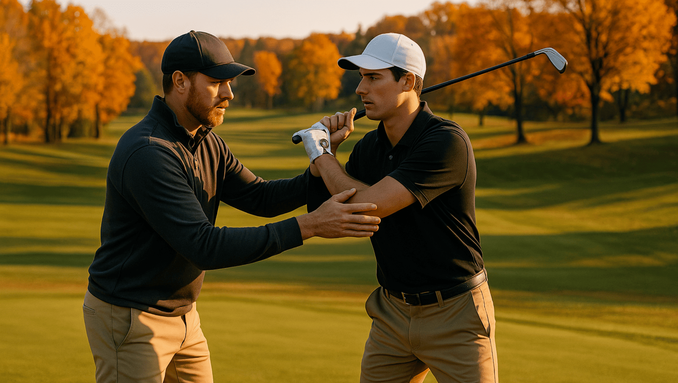 Two golfers discussing golf betting games on a golf course in autumn.