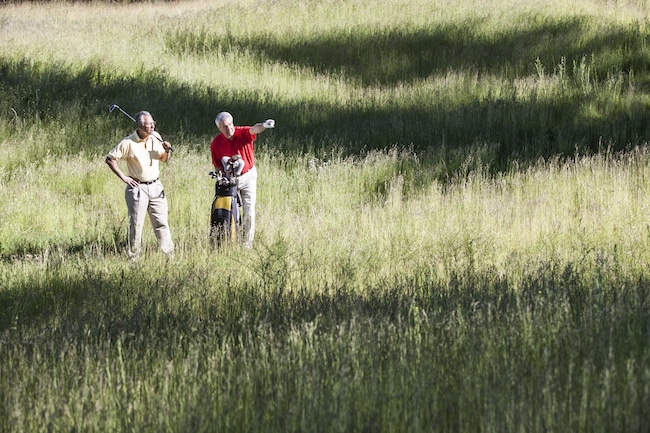 Two senior golfers trying to judge how to play a shot out of heavy rough on a golf course.