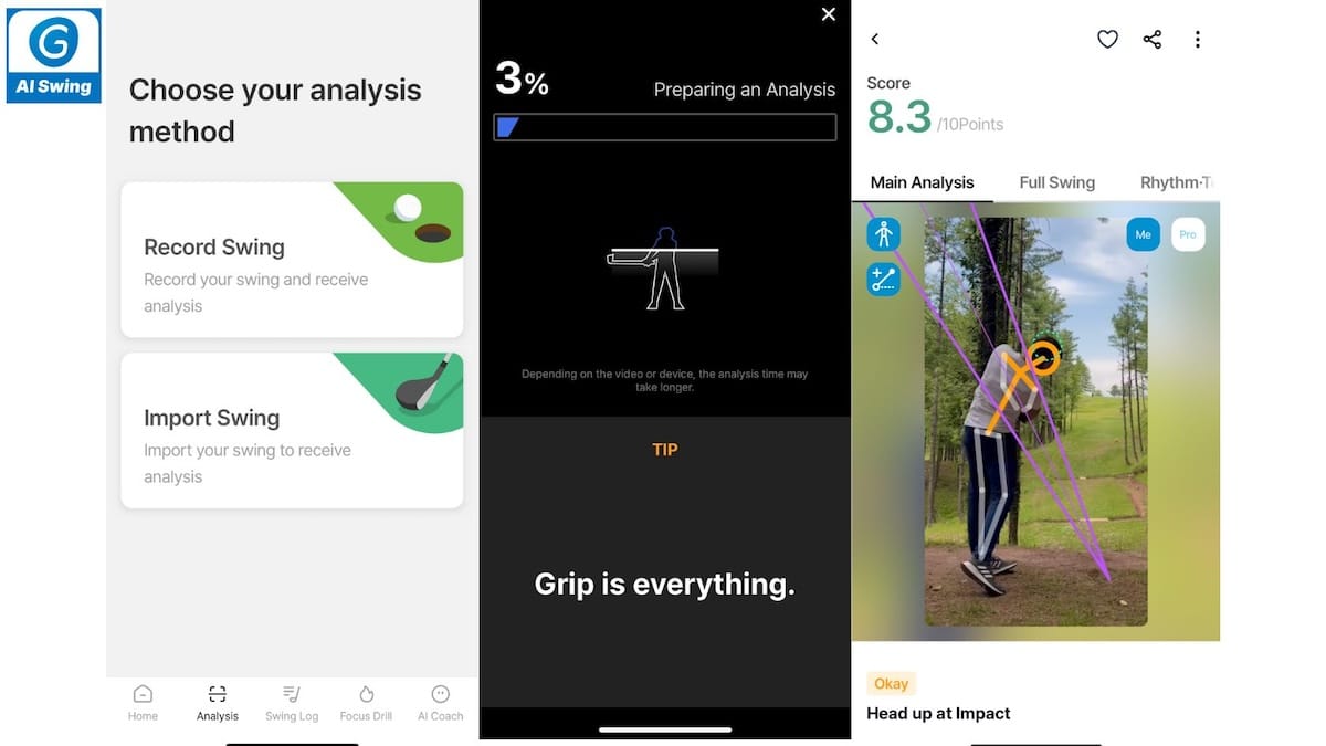 screenshots of golf fix swing analyzer app