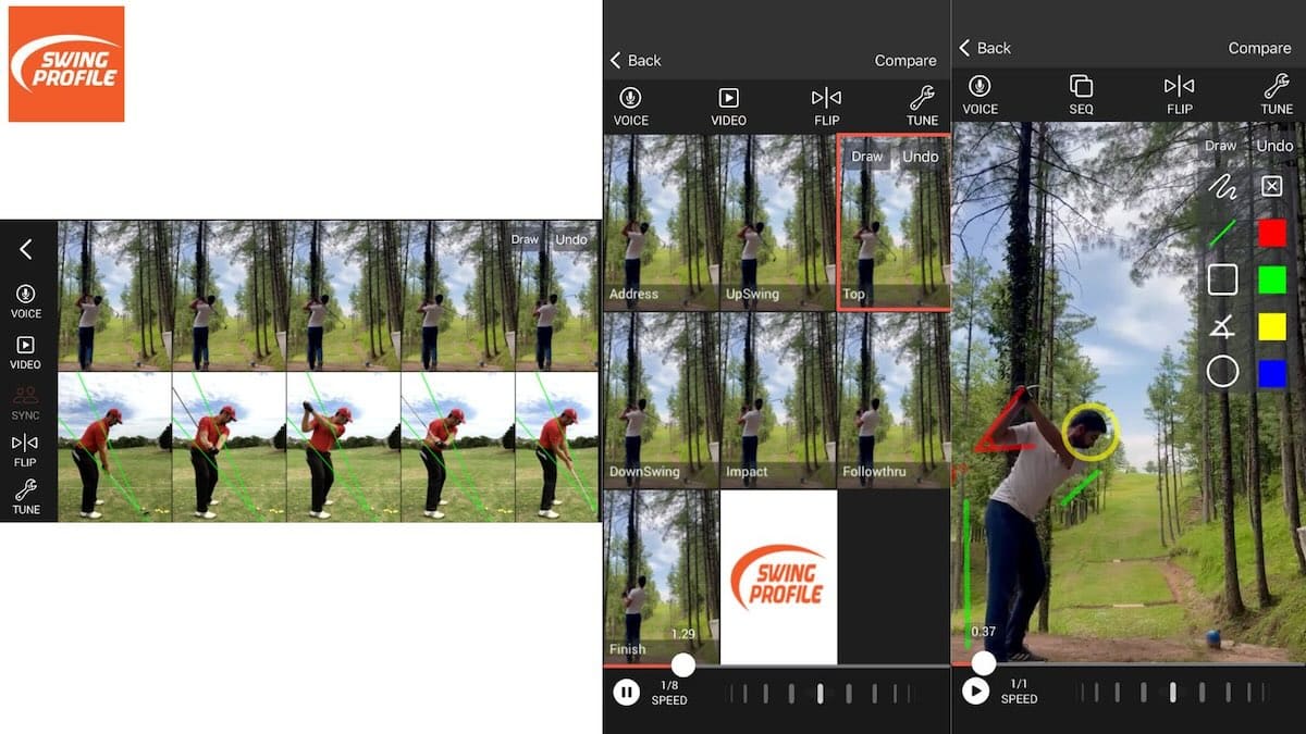 screenshots of the swing profile swing analyzer app