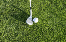 A golf iron being set up to take an approach shot onto the green.