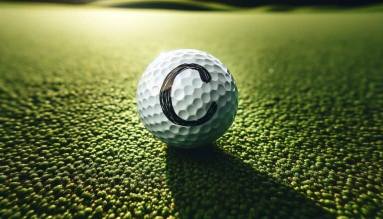 This legal golf ball is marked with a c in black marker. It confirms which player owns the ball. Photo by Golfspan.