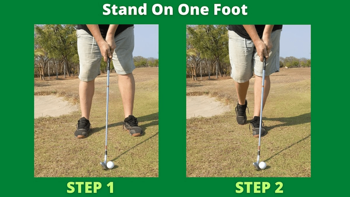 stand on one foot drill to avoid hitting behind the ball, photo taken by Clint McCormick