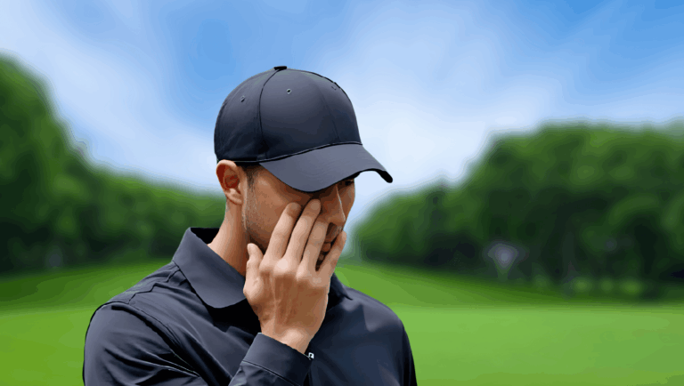 A golfer holding a hand over his face.