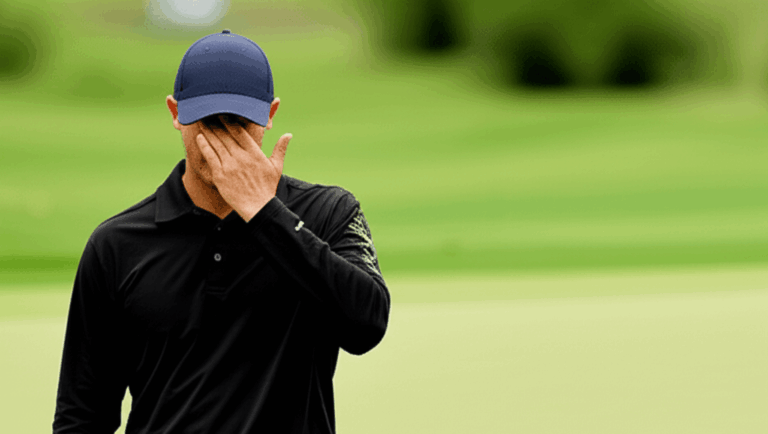 A golfer looking dejected on the 6th hole at East Lake or a shot of his ball splashing in the water.