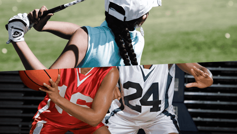 A split photograph showing a female golfer and two female basketball players.