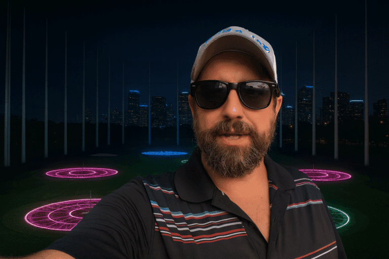 Golf pro Clint McCormick standing in front of an outdoor golf sim.
