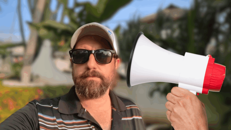 A golfer being heckled with a megaphone.