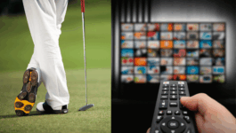 Side by side images of a professional golfer and a person watching Happy Gilmore 2 on Netflix.