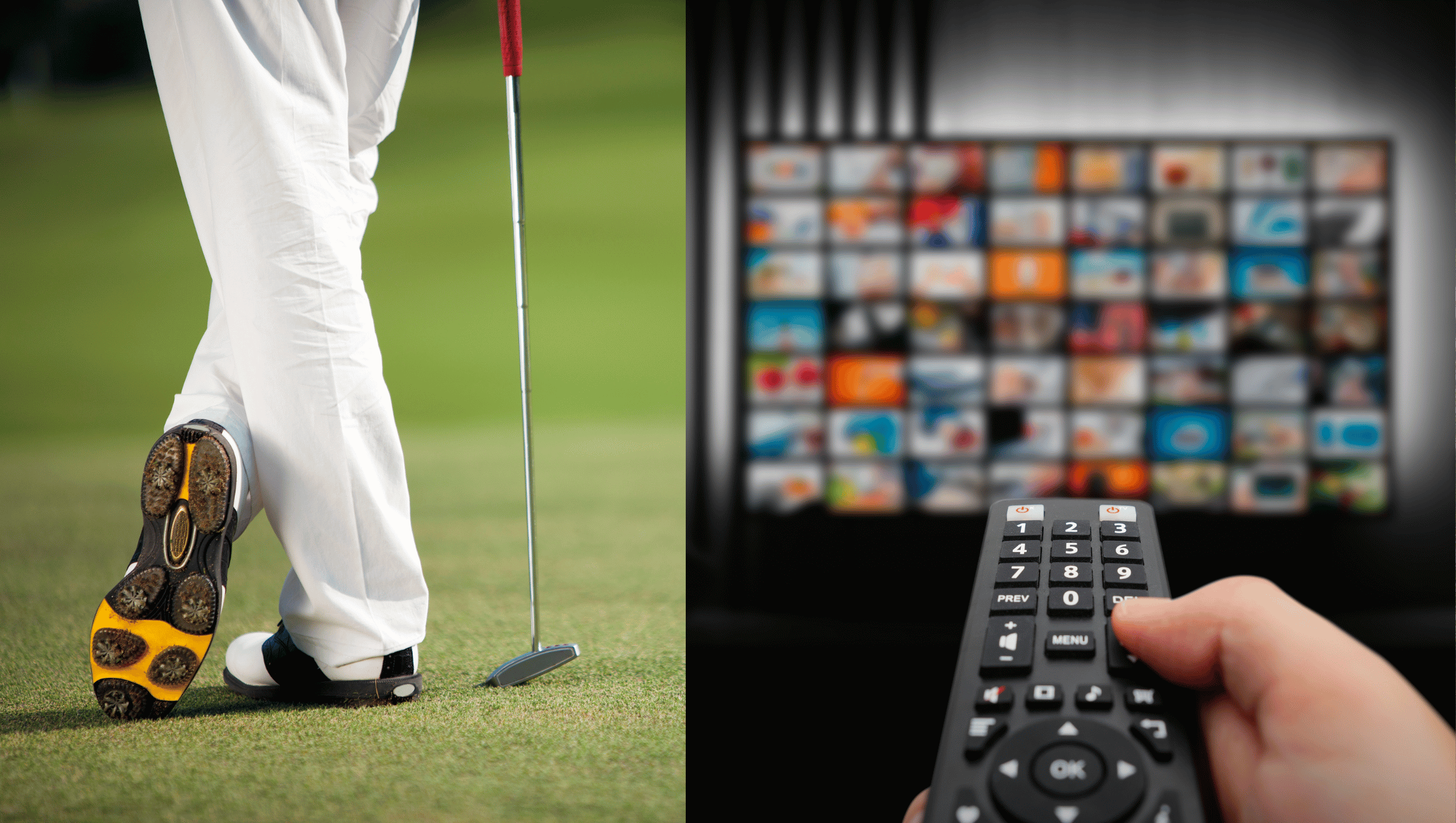 Side by side images of a professional golfer and a person watching Happy Gilmore 2 on Netflix.