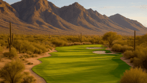 A golf course in the state of Arizona, surrounded by mountains.