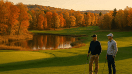 Two golfers standing on a golf course in autumn.