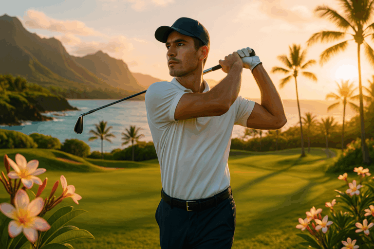 A golfer after a swing on a golf course in Hawaii.