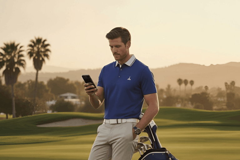 A golfer books tee times on an app on his phone.