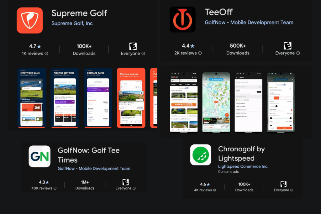 The four best golf tee time apps, shown as a collage: Supreme Golf, TeeOff, GolfNow, and Chronogolf.