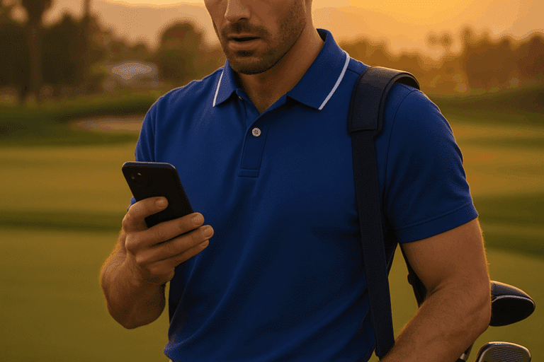 A golfer looking at a phone with a surprised expression.