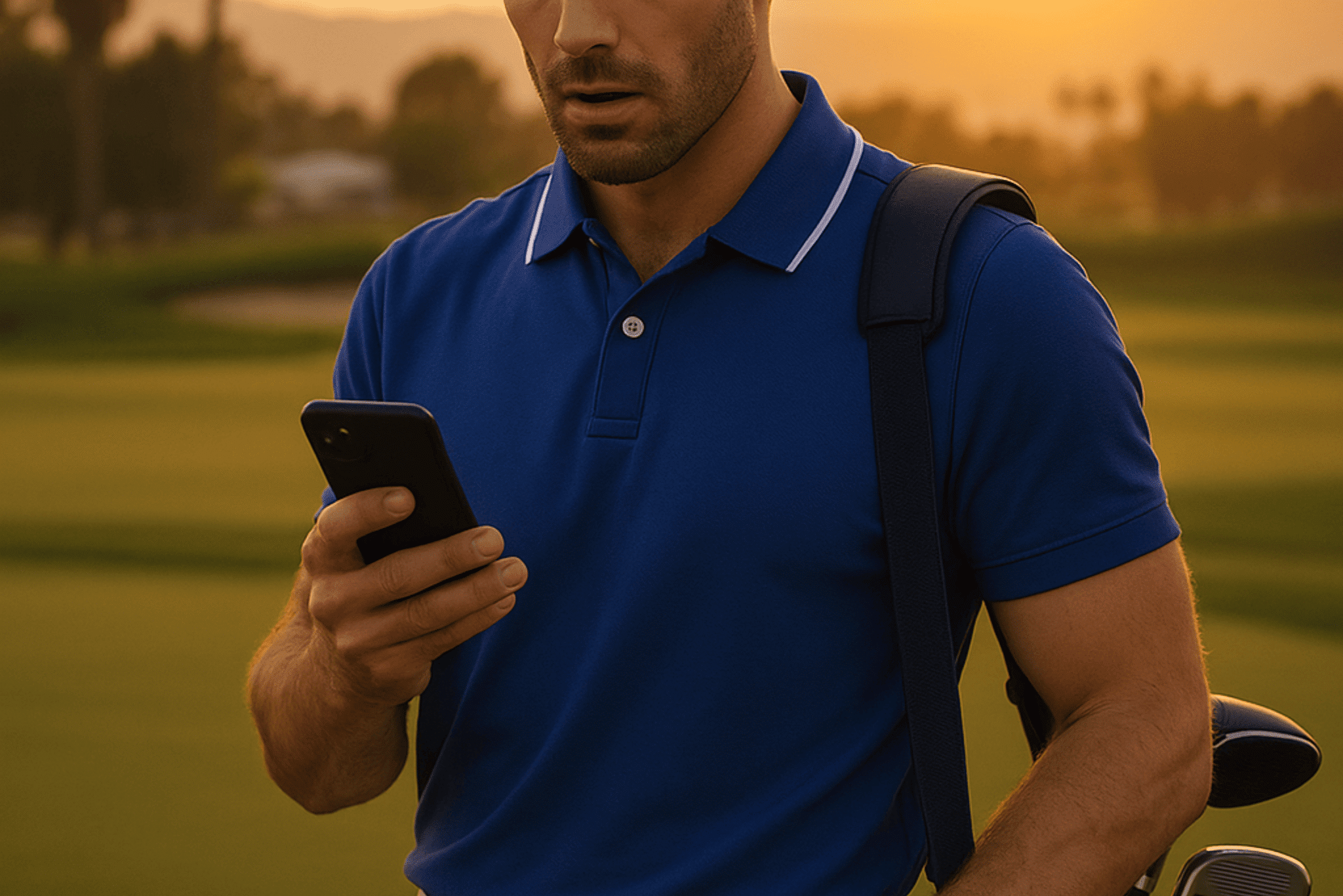 A golfer looking at a phone with a surprised expression.