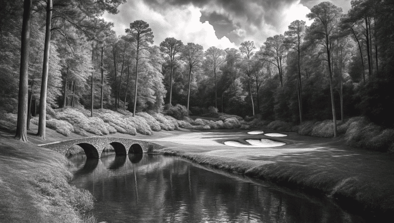 A rendering of the 12th hole at Augusta National in black and white.