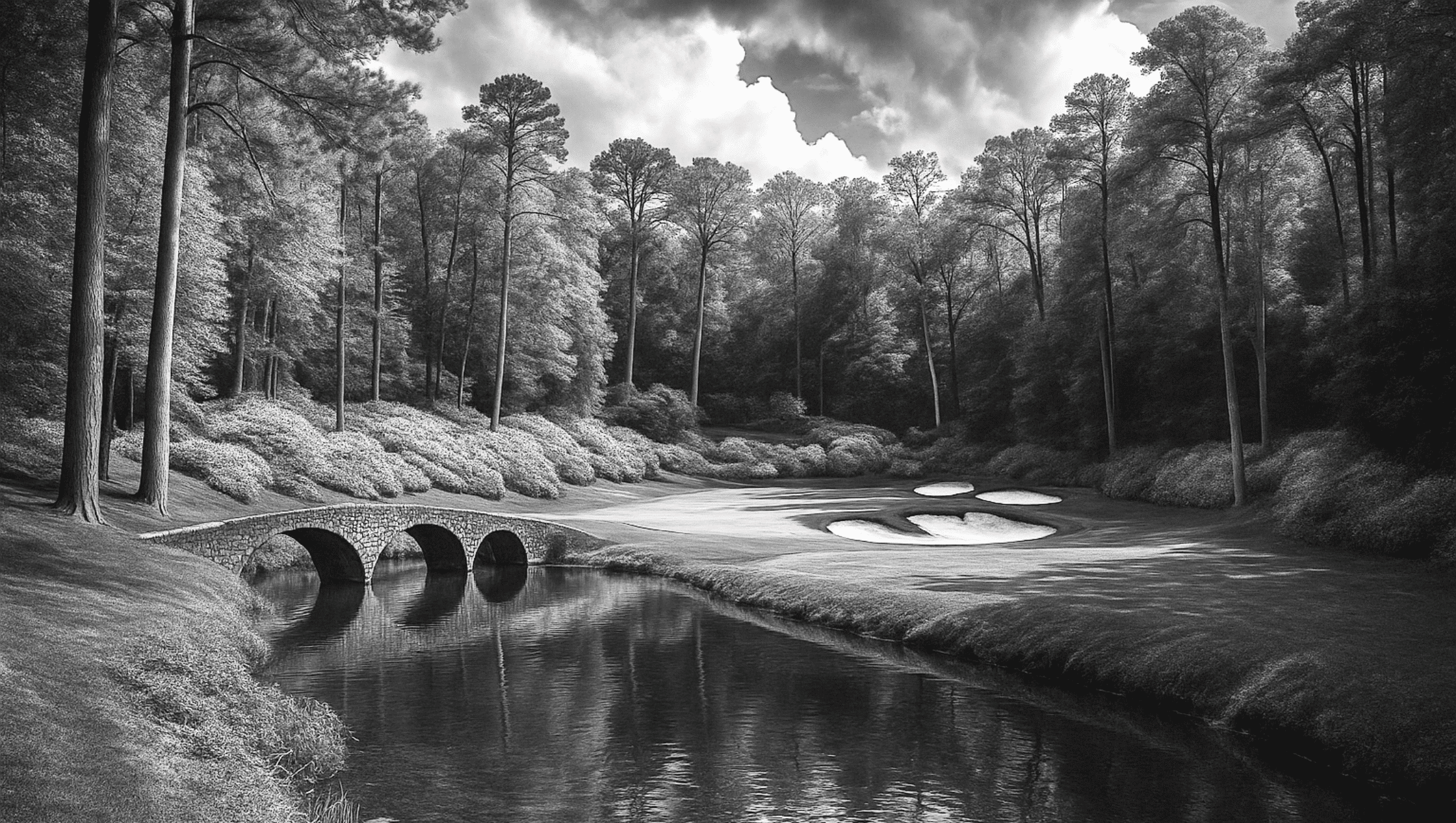 A rendering of the 12th hole at Augusta National in black and white.