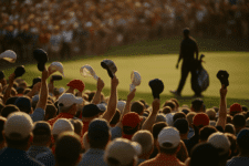 A gallery of hats being waved above a sea of fans, with a caddie silhouette near the green