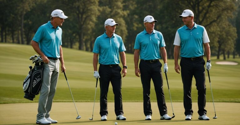 A group of LIV golfers on a putting green.