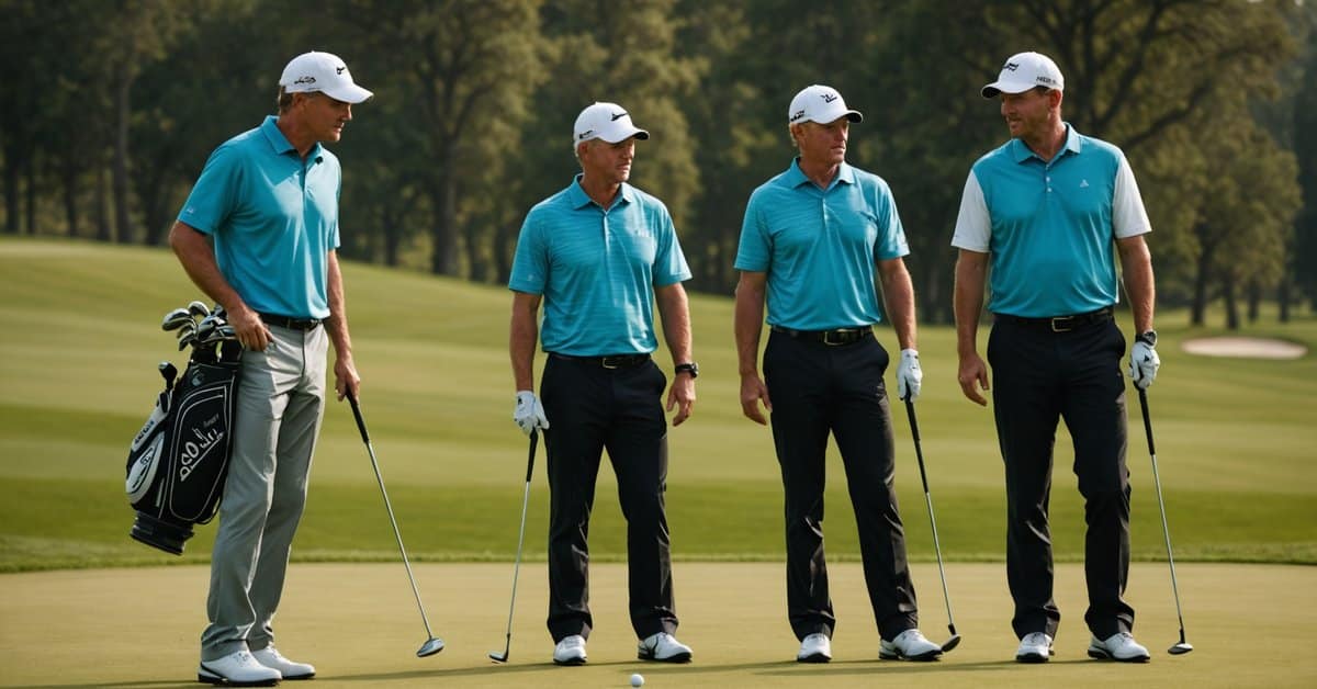 A group of LIV golfers on a putting green.
