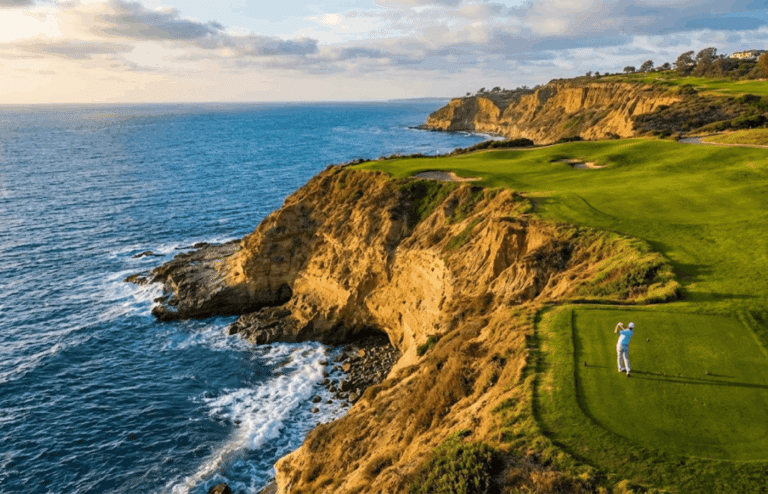 A sweeping drone-style shot of the Torrey Pines South Course