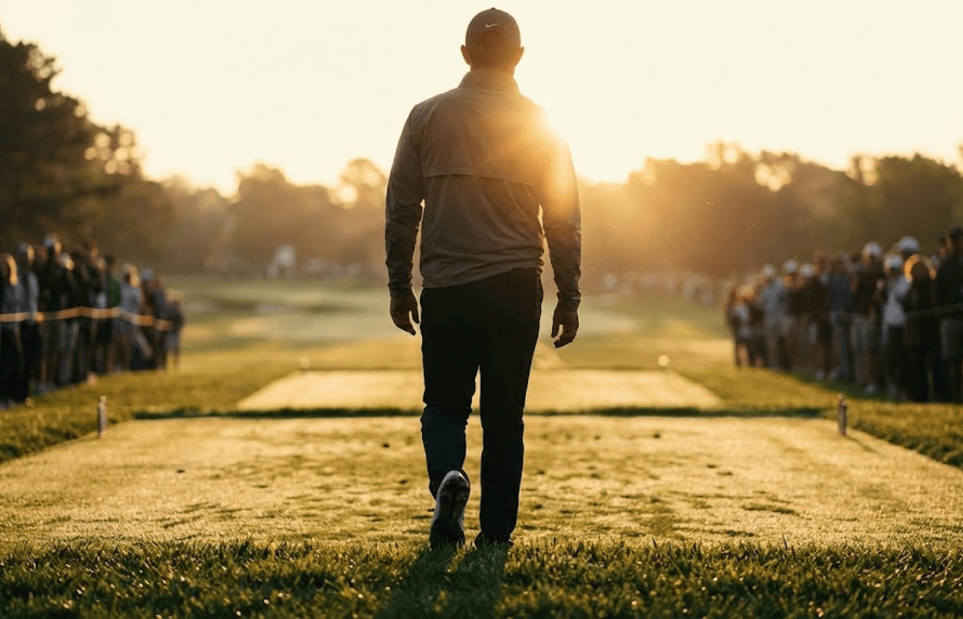 A golfer walks toward the tee during a golf tournament.