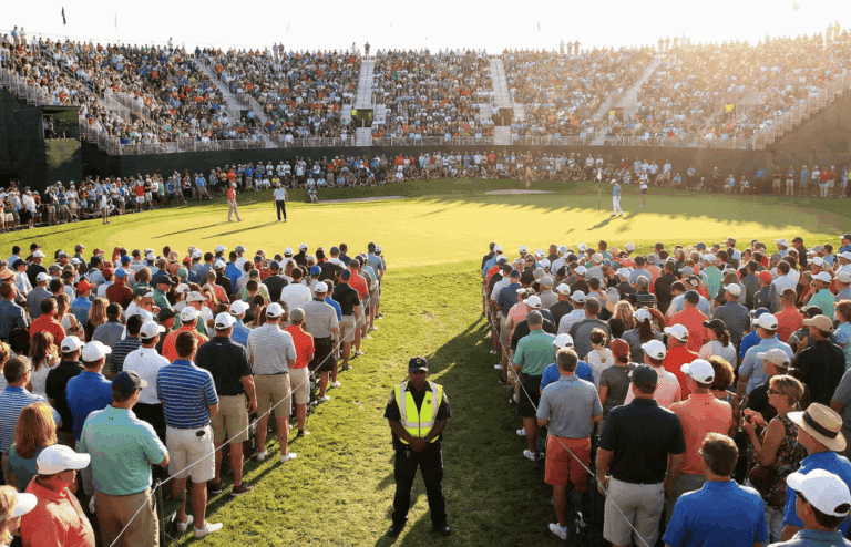 A busy golf tournament with players on the green.