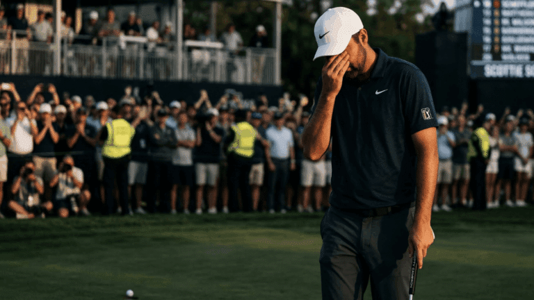 A frustrated golfer on the green.