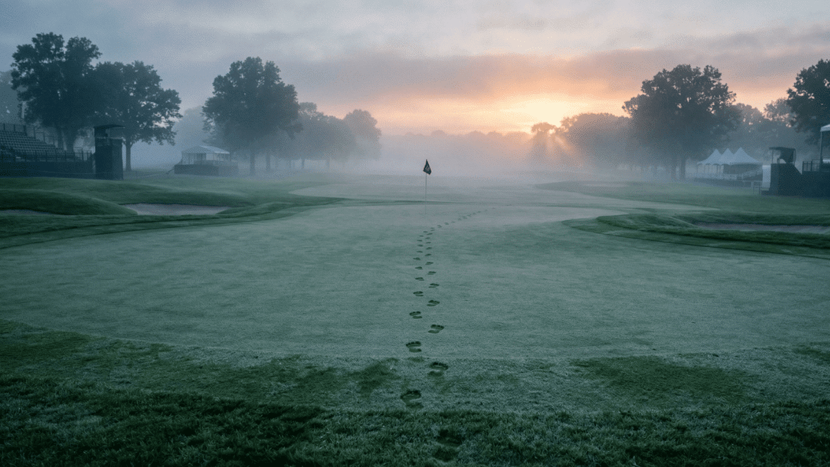 a golfer's footsteps in the frost on a green at dawn.
