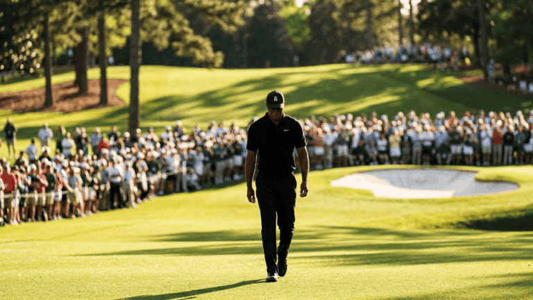 Tiger Woods walking on the fairway of a golf course during a tournament, looking down.