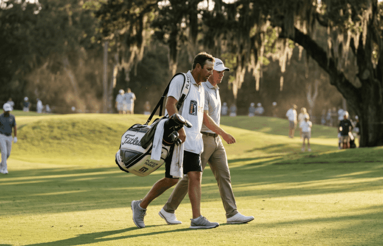 A caddy and his golfer walking at the PGA Tour.