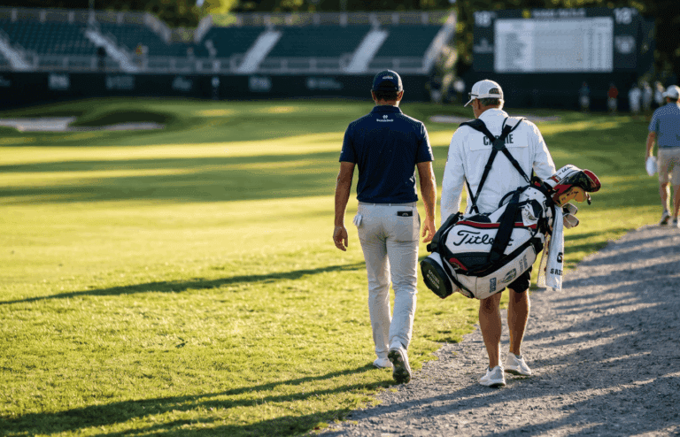 A golfer and his caddy walking away after a round of golf.