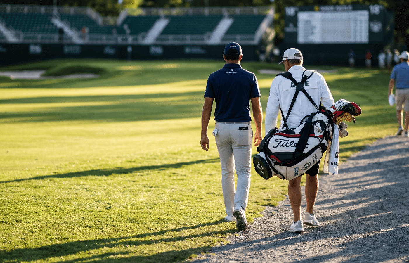 A golfer and his caddy walking away after a round of golf.