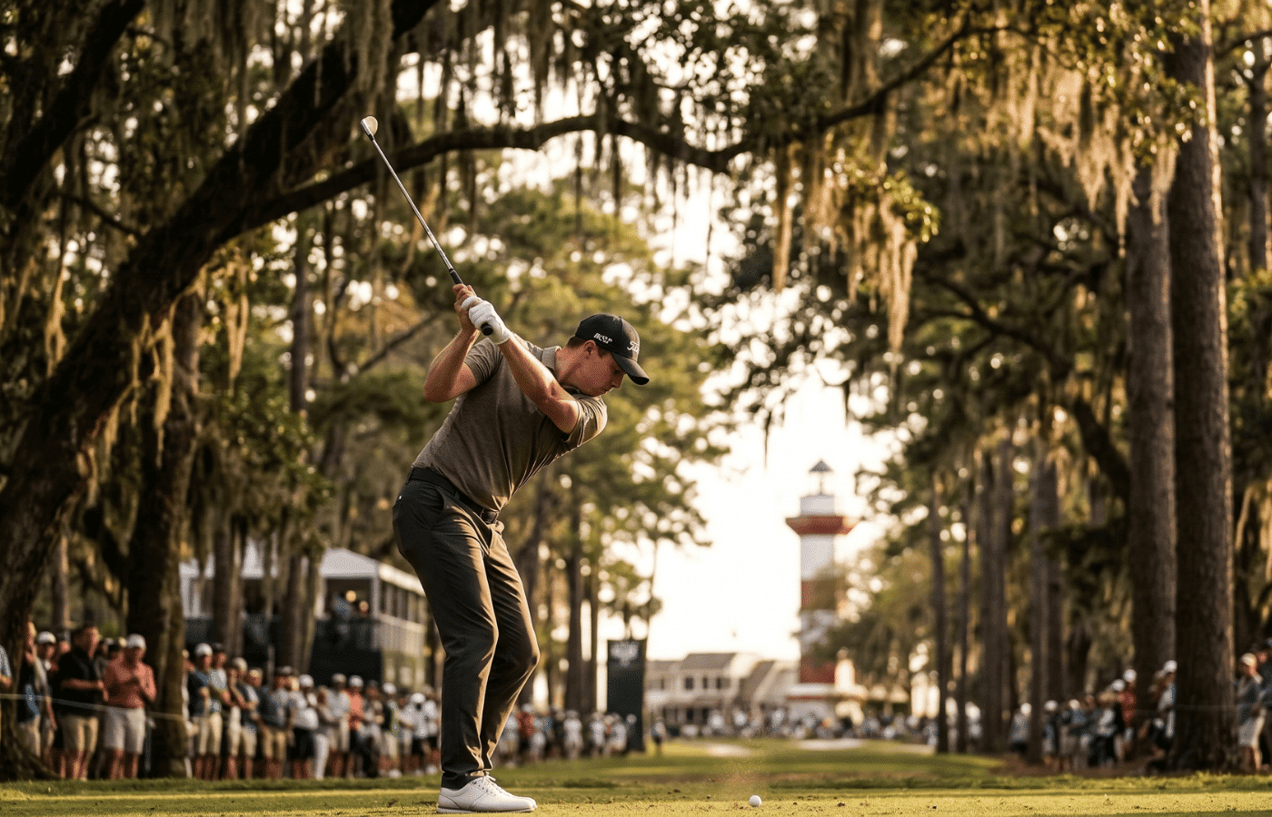 A golfer hitting the ball on the fairway.