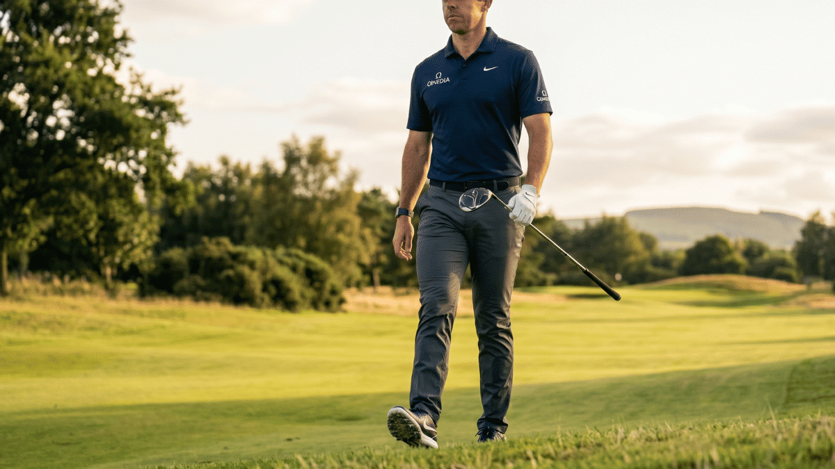 Rory walking on the fairway at the golf course.