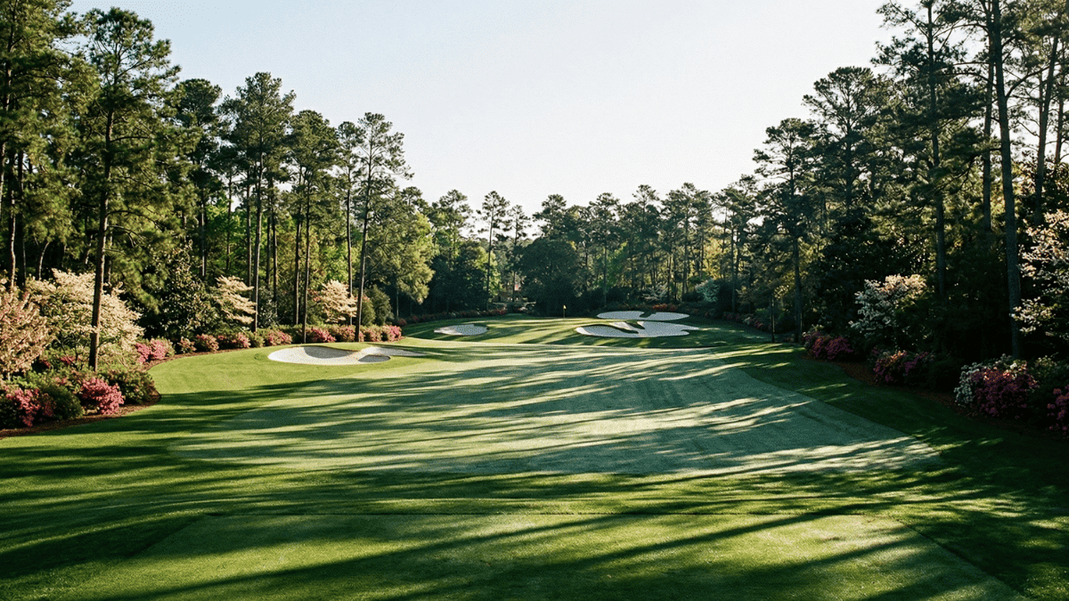 The fairway lined with trees at Augusta National.