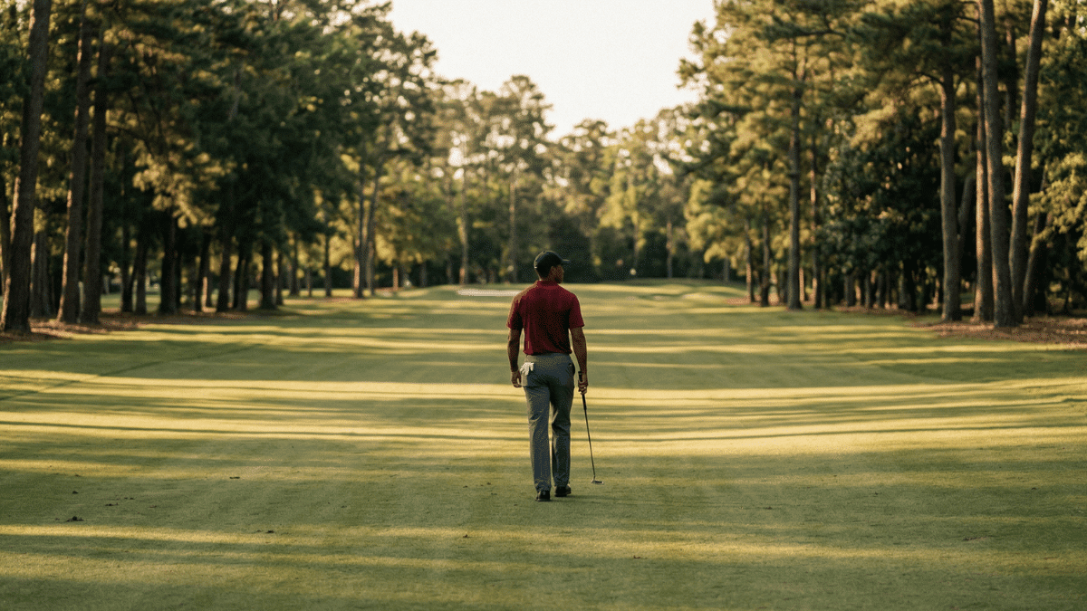 Tiger woods walking down the fairway, away from the viewer.