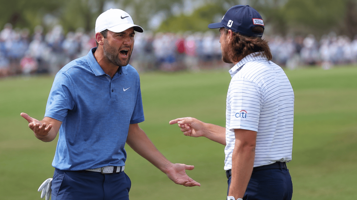 Two golfers arguing on a fairway.