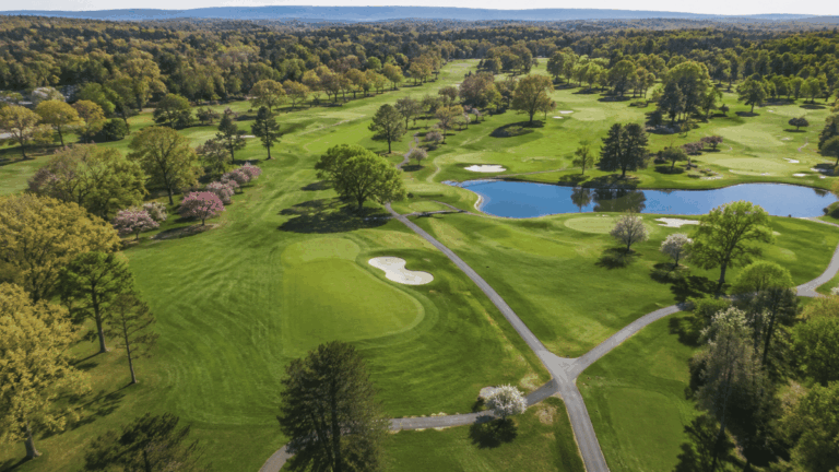 An ariel view of a golf course.